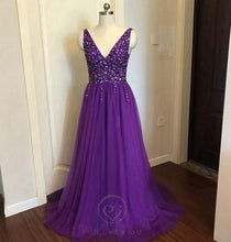 Load image into Gallery viewer, Beading Prom Dresses 2019 V neck Pink High Split Tulle Sweep Train Sleeveless Evening Gown A-line Lace Up Backless Vestido De