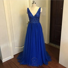Load image into Gallery viewer, Beading Prom Dresses 2019 V neck Pink High Split Tulle Sweep Train Sleeveless Evening Gown A-line Lace Up Backless Vestido De