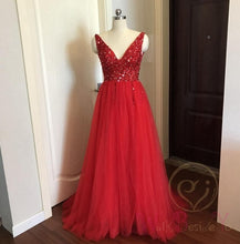Load image into Gallery viewer, Beading Prom Dresses 2019 V neck Pink High Split Tulle Sweep Train Sleeveless Evening Gown A-line Lace Up Backless Vestido De