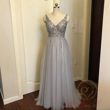 Load image into Gallery viewer, Beading Prom Dresses 2019 V neck Pink High Split Tulle Sweep Train Sleeveless Evening Gown A-line Lace Up Backless Vestido De